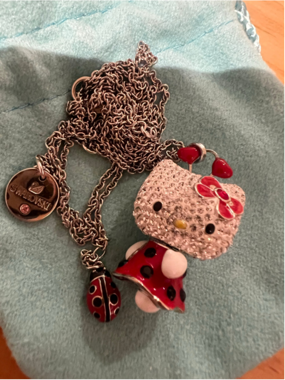 Vintage Hello Kitty x Swarovski Ladybug Red and Silver Long Necklace RARE